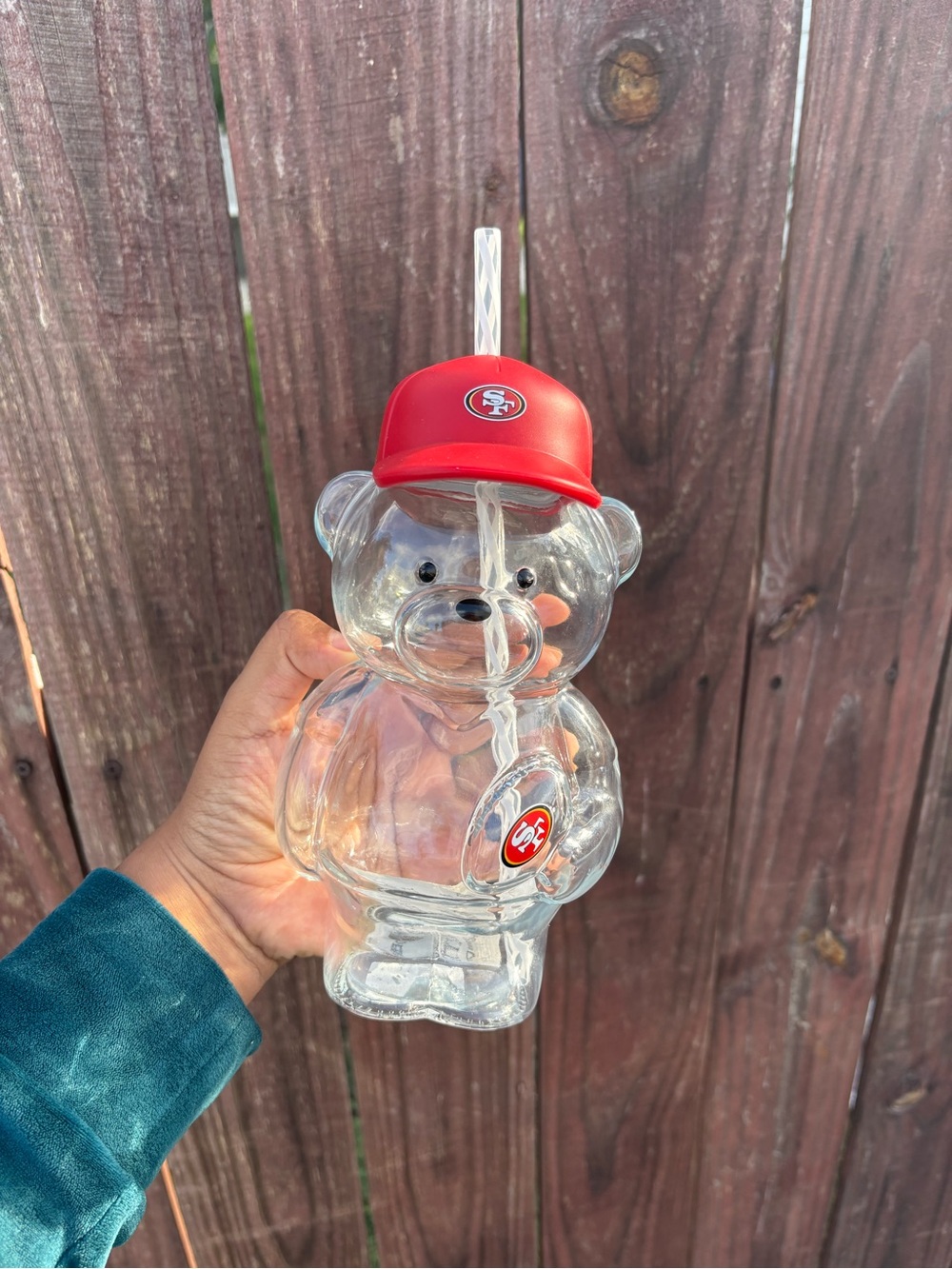 Red 49ers 20 oz Football Bear-shaped Drink Cup with Straw